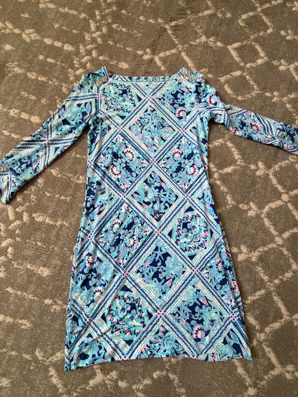 Lilly Pulitzer Aqua & Navy Printed Long Sleeve Shift Dress